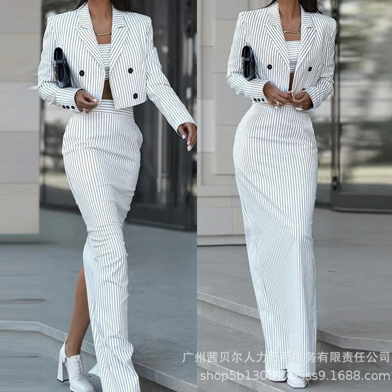 Pencil Skirt Midi - Gestreepte Blazer Jas & Slit Rok