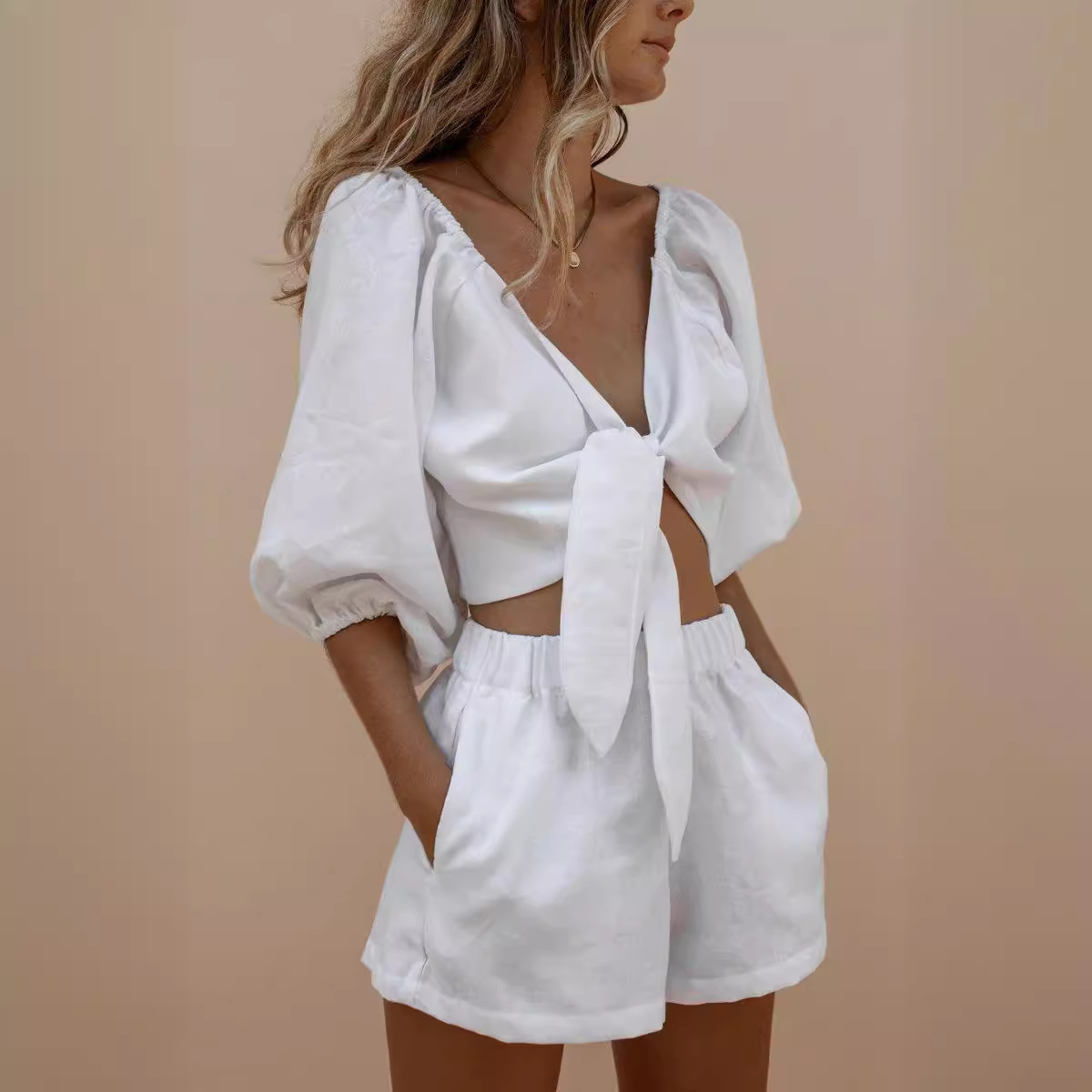 Monochrome Suit Set - Kanten Shorts Met Pofmouwen Zwart-Wit Pak