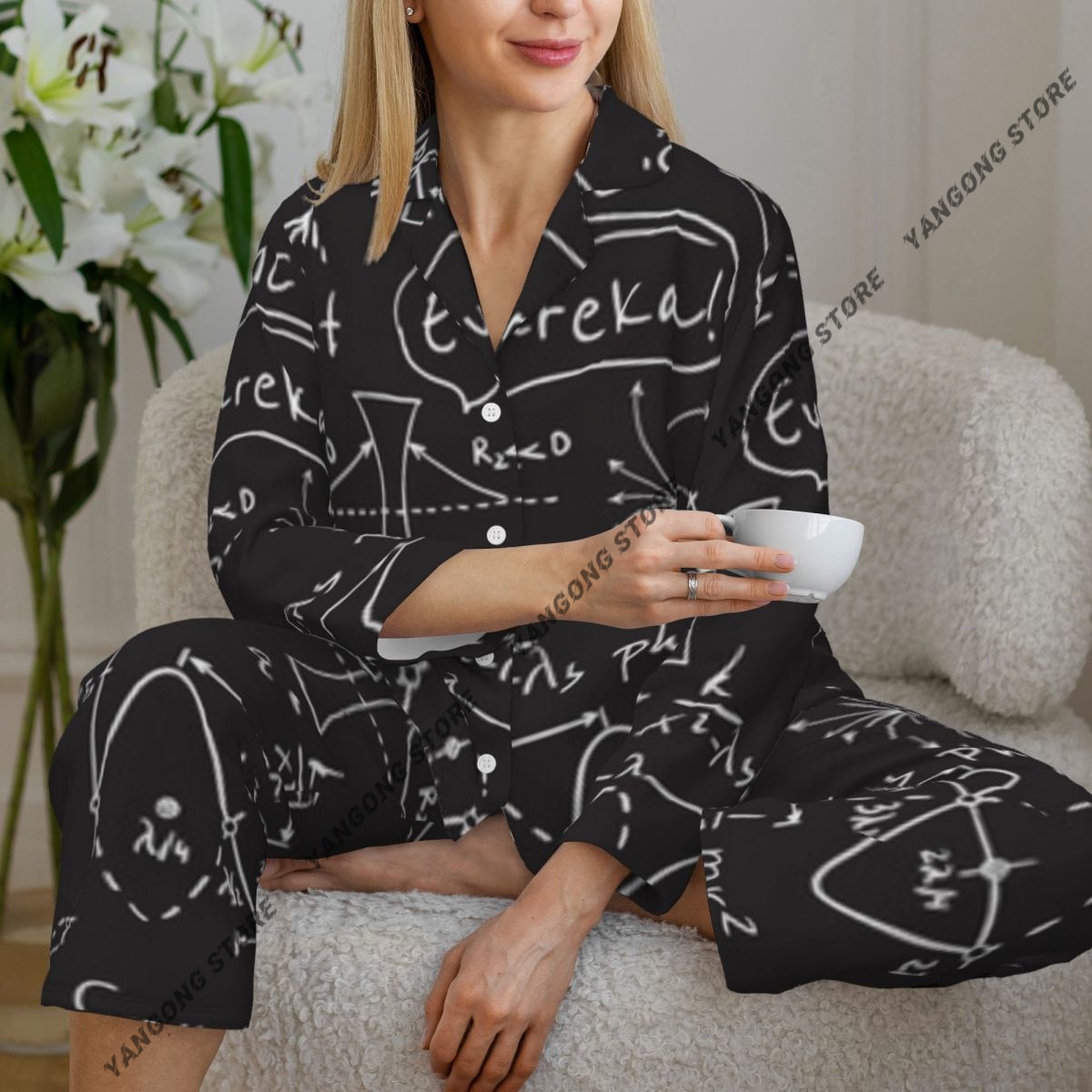 Monochrome Suit Set - Vrouwen Nachtkleding Pyjama Wetenschap Wetenschappelijk Monochroom