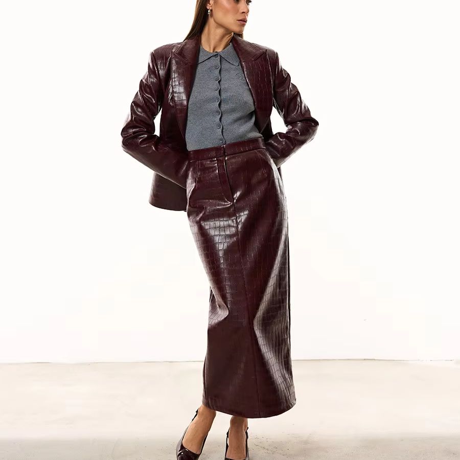 Pencil Skirt Midi - IG Dames Bourgondische Croc Kunstleren 2-delige