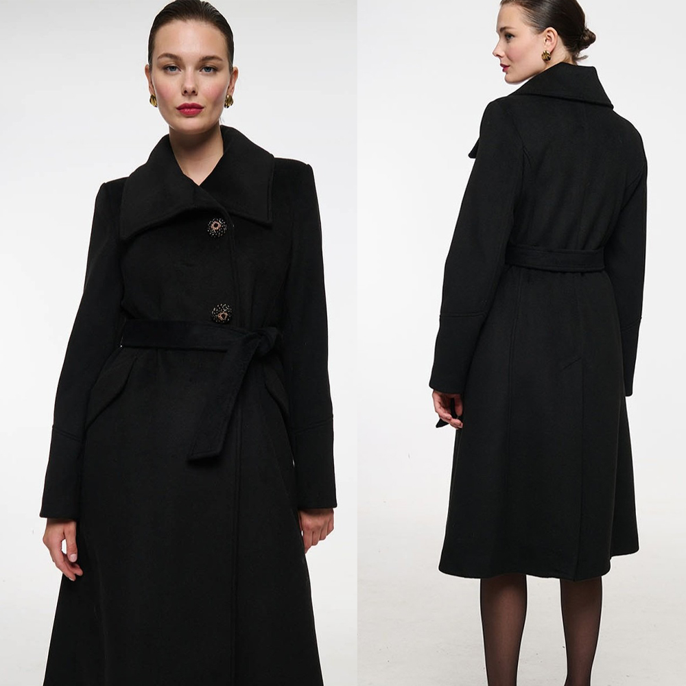 Women Formal Wear For Plus Size - Vintage zwarte opstaande kraag dames wollen
