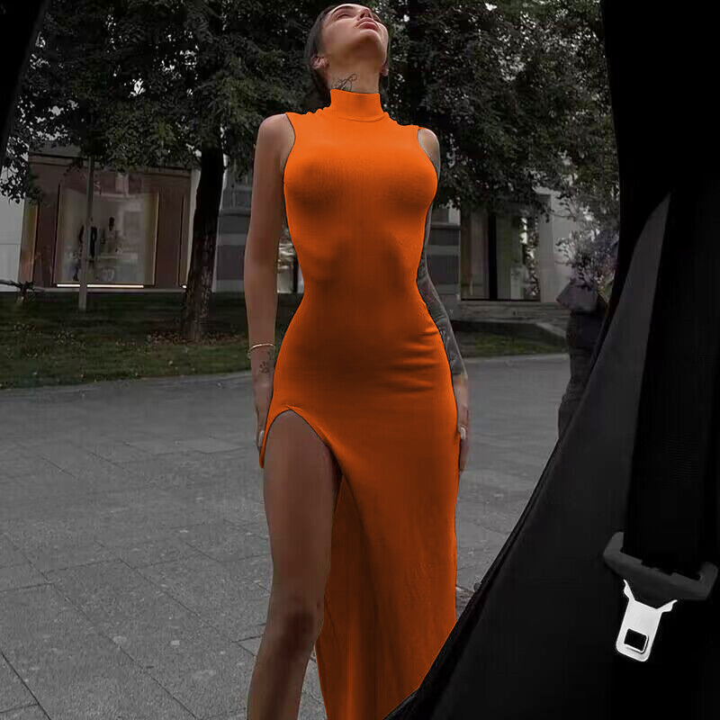 Formal Wear For Women Xl - Y2k Mouwloos Oranje Midi Damesjurken Zijsplit