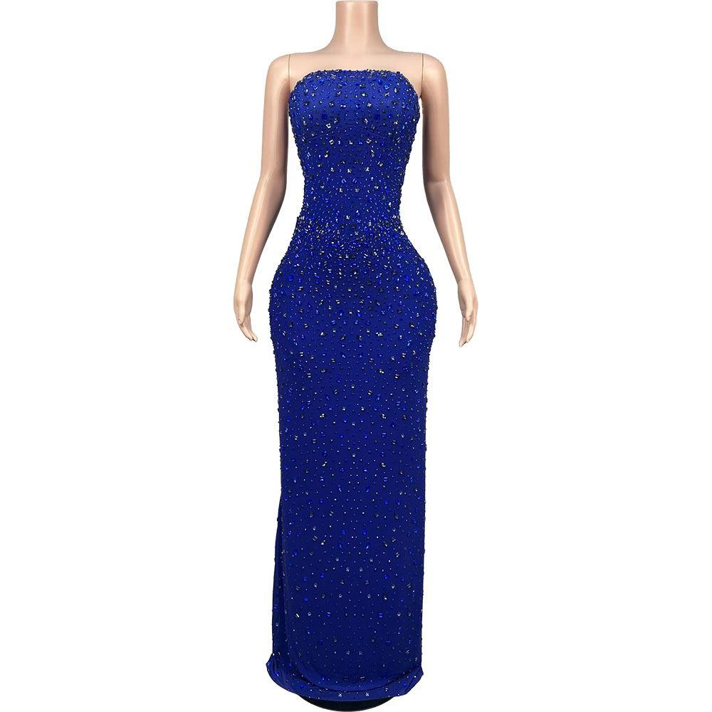Women Luxury Formal Wear - Glinsterende blauwe strapless avondjurk met strass